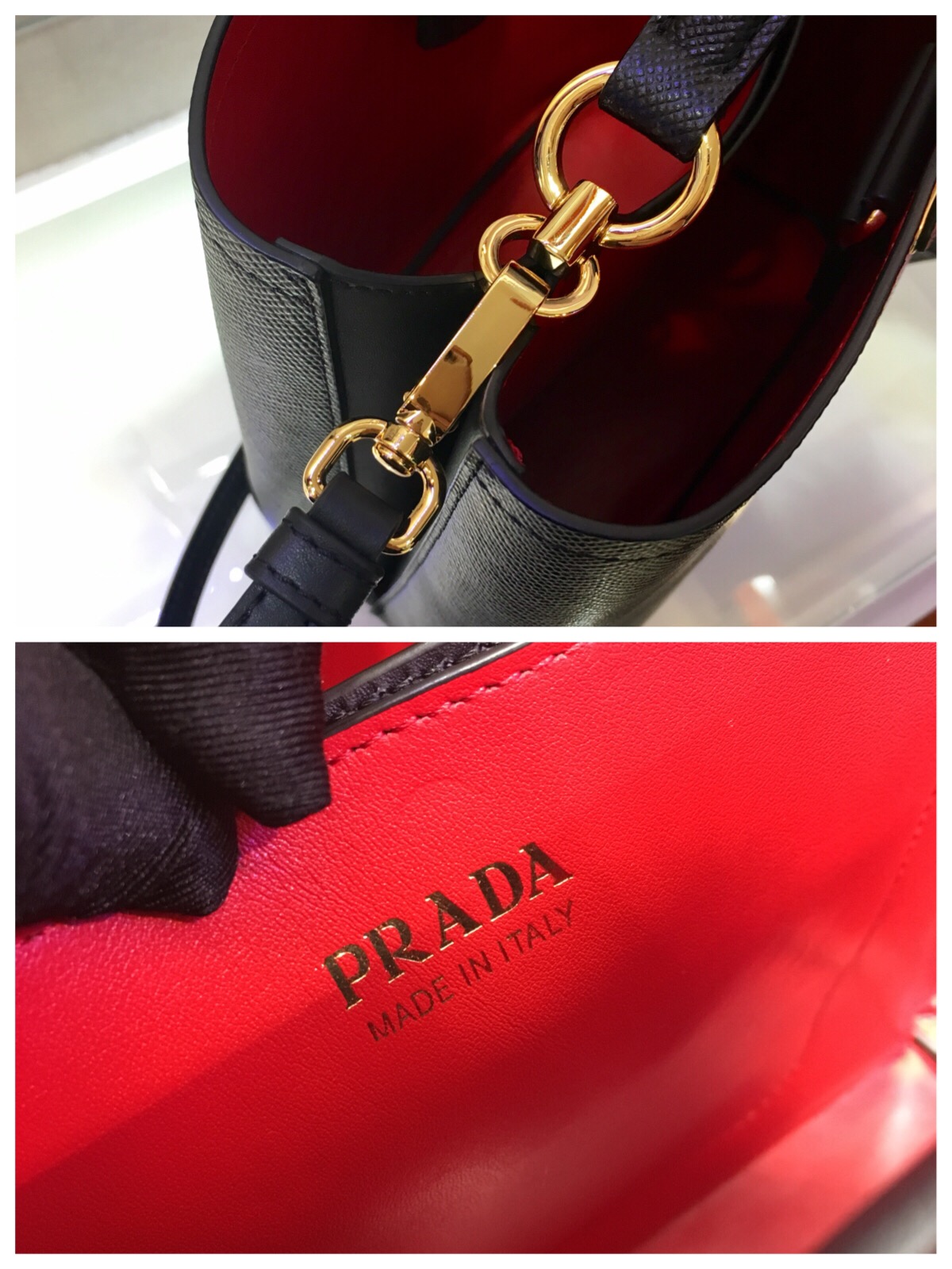 Prada Medium Panier Saffiano Leather Bag Black/Fiery Red 1BA212